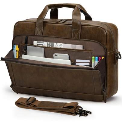 NEWHEY Mens Laptop Bag 16 Inch Leather Briefcase Vintage Messenger Bag For Men Large Crossbody Shoulder Office Computer Bag Retro College Satchel Bag For Work, Business,Travel