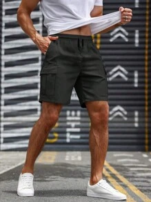 [Spring/Summer] Men's Solid Color Cargo Shorts With Multi Pockets, Casual Drawstring Waist Shorts For Summer - Black - View 6