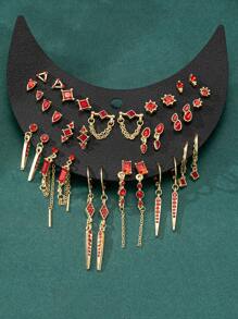 17 pares/set de aretes de botón vintage minimalistas con múltiples rhinestones, serie de diseño único - Rojo - Ver 3