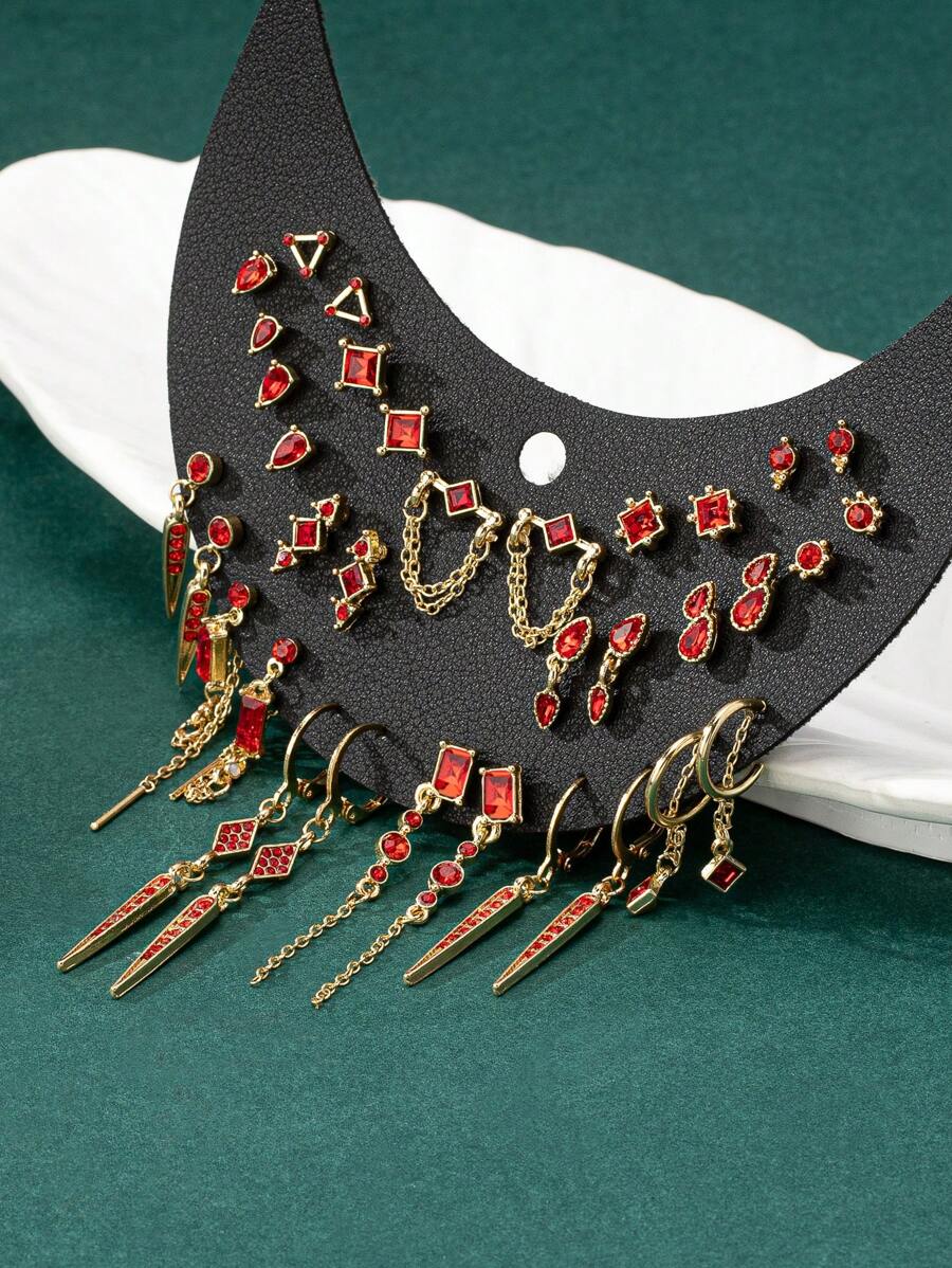 17 pares/set de aretes de botón vintage minimalistas con múltiples rhinestones, serie de diseño único - Rojo - Ver 1