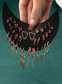 17 pares/set de aretes de botón vintage minimalistas con múltiples rhinestones, serie de diseño único - Rojo - Ver 4