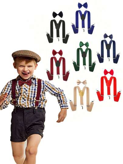 2 pezzi Set di papillon e bretelle a tinta unita per bambini, adatti per matrimoni, feste, compleanni, Natale, Ognissanti, eventi scolastici, uso quotidiano per bambini e bambine