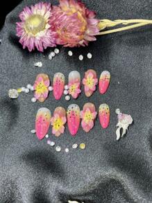 10 Stücke kurze handgemachte Aufklebe-Nägel für Party und Alltag, verschiedene Farben, schöne tropische Blumen, Lilien, für Mädchen, einfach zu tragen - Verschiedenfarbig - Übersicht 2