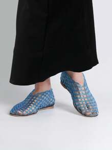 Bailarinas para mujer con malla recortada, dedo del pie redondo, zapatos transparentes recortados, cómodos y de ocio casual - Azul - Ver 4