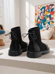 Girl's Lightweight Soft Sole Black Mid-Calf Knit Boots, Suitable For Spring, Autumn, All Seasons Wear