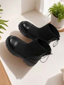 Girl's Lightweight Soft Sole Black Mid-Calf Knit Boots, Suitable For Spring, Autumn, All Seasons Wear