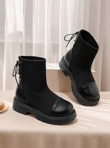 Girl's Lightweight Soft Sole Black Mid-Calf Knit Boots, Suitable For Spring, Autumn, All Seasons Wear