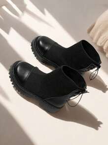 Girl's Lightweight Soft Sole Black Mid-Calf Knit Boots, Suitable For Spring, Autumn, All Seasons Wear