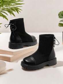 Girl's Lightweight Soft Sole Black Mid-Calf Knit Boots, Suitable For Spring, Autumn, All Seasons Wear