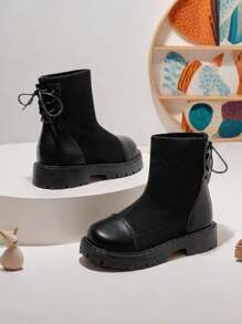 Girl's Lightweight Soft Sole Black Mid-Calf Knit Boots, Suitable For Spring, Autumn, All Seasons Wear