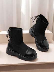 Girl's Lightweight Soft Sole Black Mid-Calf Knit Boots, Suitable For Spring, Autumn, All Seasons Wear