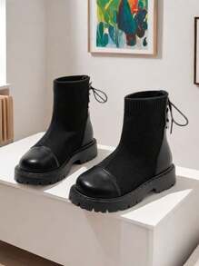 Girl's Lightweight Soft Sole Black Mid-Calf Knit Boots, Suitable For Spring, Autumn, All Seasons Wear