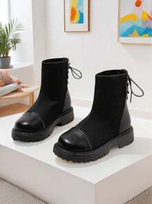 Girl's Lightweight Soft Sole Black Mid-Calf Knit Boots, Suitable For Spring, Autumn, All Seasons Wear