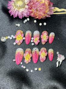 10 Stücke kurze handgemachte Aufklebe-Nägel für Party und Alltag, verschiedene Farben, schöne tropische Blumen, Lilien, für Mädchen, einfach zu tragen - Verschiedenfarbig - Übersicht 5