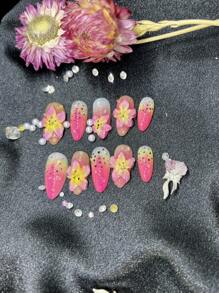 10 Stücke kurze handgemachte Aufklebe-Nägel für Party und Alltag, verschiedene Farben, schöne tropische Blumen, Lilien, für Mädchen, einfach zu tragen - Verschiedenfarbig - Übersicht 3