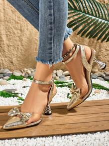 New Elegant Women's Bowknot Back Stiletto High Heel Shoes, Burgundy Dress Shoes - Gold - View 1