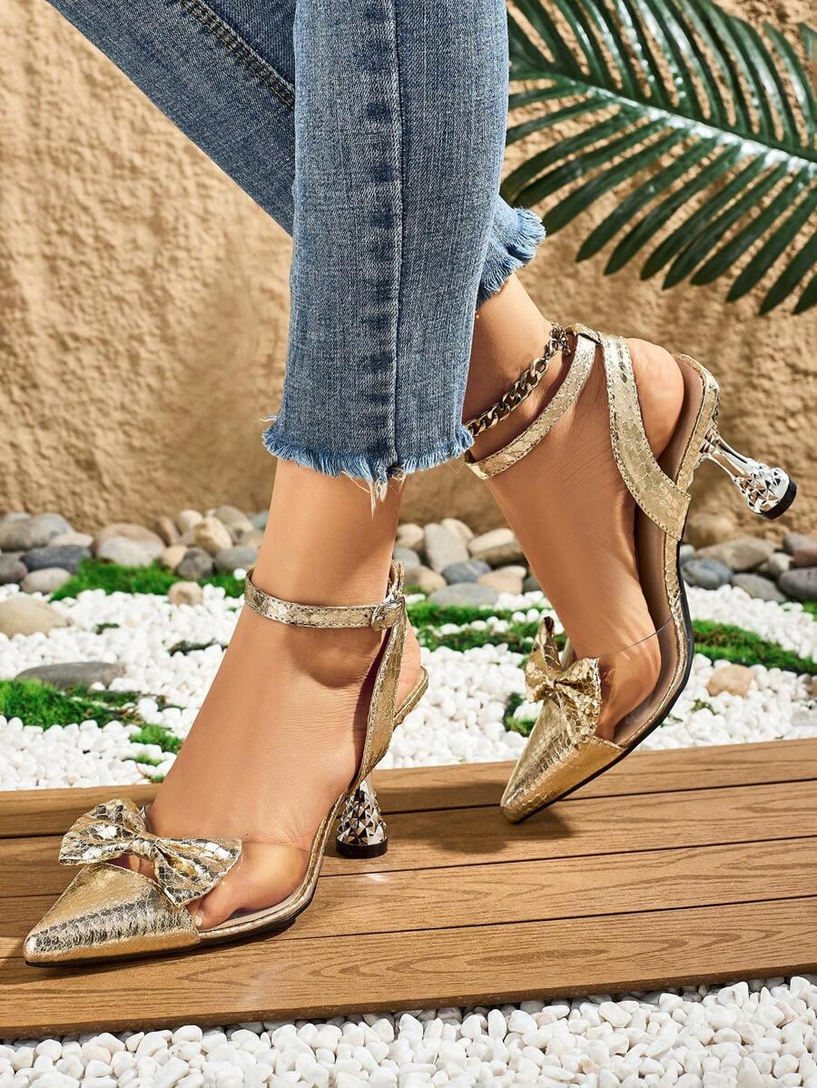 New Elegant Women's Bowknot Back Stiletto High Heel Shoes, Burgundy Dress Shoes - Gold - View 1