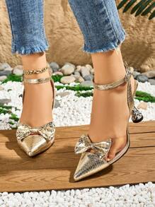 New Elegant Women's Bowknot Back Stiletto High Heel Shoes, Burgundy Dress Shoes - Gold - View 3