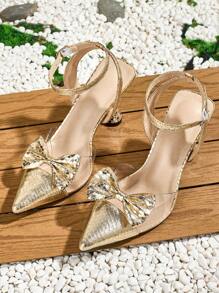 New Elegant Women's Bowknot Back Stiletto High Heel Shoes, Burgundy Dress Shoes - Gold - View 5