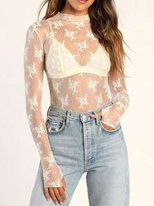 Women Sexy Lace Sheer Long Sleeve Tops Mesh See-Through Mock Neck Basic T Shirt Spring Fall Slim Fit Tops Shirts Streetwear - 米色 - 查看 2