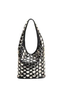 DareSee 1pc European & American Punk Style Handcrafted Double-Sided Fully Studded Round Rivet Embedded Niche Luxury Bucket Bag, Elegant Office Lady Underarm Shoulder Bag Music Fest Y2KFest Back To School Autumn , Bags Perfect For Fancy Party Matching With Costumes Winter Gifts Music Fest - Black - View 7