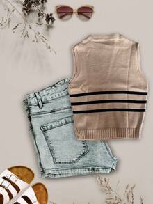 Cropped Tank Top Modal Tricot Striped Hem Women's Fashion 148 - Màu be - Xem 2