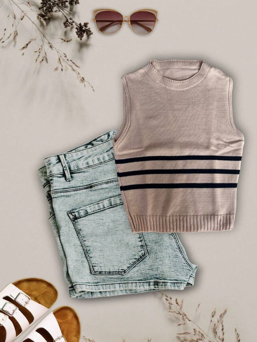 Cropped Tank Top Modal Tricot Striped Hem Women's Fashion 148 - Màu be - Xem 1