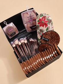 MAANGE 13Pcs Professional Soft Long Aluminum Tube Makeup Brushes With Storage Bag Christmas Gift Box+27pcs Powder Puff Accessories,Foundation Brush, Eyeshadow Brush, Eyebrow Brush, Blending Brush,Highlight Brush,Concealer Brush,Makeup Brush For Powder Liquid Cream,Makeup Tool With Soft Fiber For Easy Carrying,Brush For Travel,Christmas Theme Gifts For Women&Girls - 咖啡棕 - 查看 2