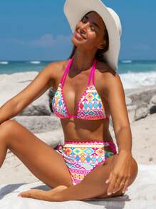 popvil Halter Triangle Boho Printed Side Strappy Bikini Set Summer - Multicolor - View 1