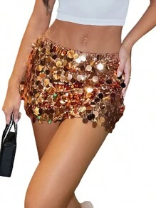 Women Wrapped Half Dress, Sequined Summer Spring Fall Dance Street Club Party Short Skirt - 金色 - 查看 3