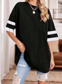 SANOPY Summer Women's Oversized T-Shirt Loose T-Shirt Half Sleeve Crew Neck Round-Neck Streetwear Color Block Cotton Tunic Top