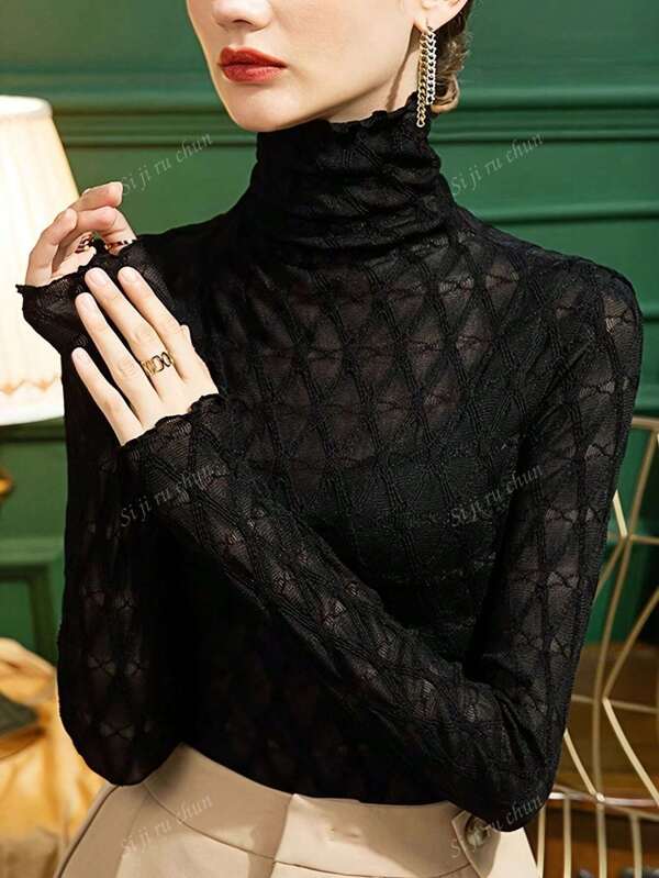 Plus Size High Neck Lace Elegant Slim Fit Long Sleeve Fashionable Black T-Shirt For Women, Spring/Autumn