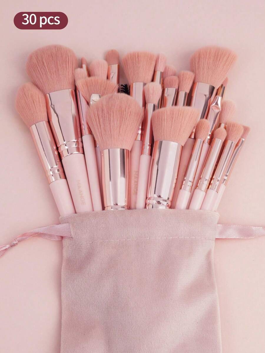 MAANGE 30Pcs Professional Makeup Brush With Velvet Bag, Blush Brush, Foundation Brush, Eyeshadow Brush, Blending Brush, Highlighting Brush, Eyeliner Brush, Eyebrow Brushes,Makeup Tool With Soft Fiber For Easy Carrying,Brush For Travel,Gifts For Women&Girls - 粉色 - 查看 1