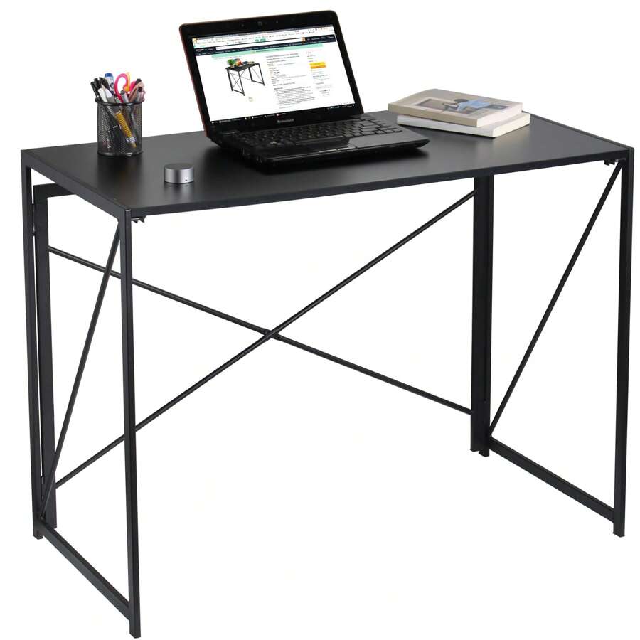 DAWOO Folding Computer Table, 100x50x75cm Folding Desk Home Office Laptop Desk For Small Spaces Modern Simple Style PC Table Coffee Table Writing Small Desk, Metal Frame, Black - Black - View 1