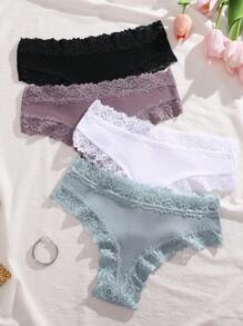 Bộ 4 quần lót sọc dọc thoải mái tối giản màu trơn viền ren cho nữ - Nhiều màu - Xem 3