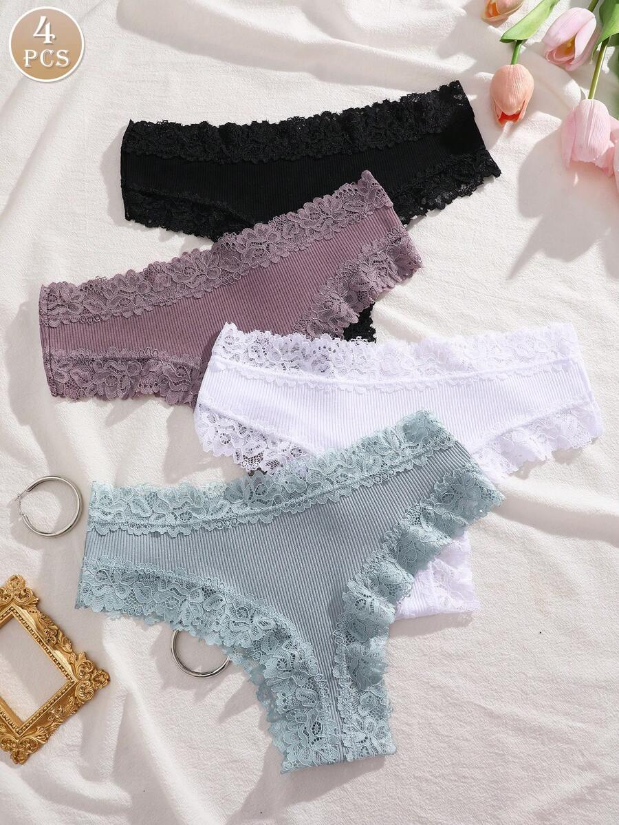Bộ 4 quần lót sọc dọc thoải mái tối giản màu trơn viền ren cho nữ - Nhiều màu - Xem 1