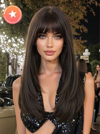 24 英寸高级长直发合成耐热纤维假发带刘海适合女士日常派对圣诞装