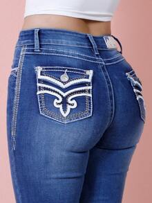 Flare Style Jeans, Skinny Legs With Butt Lifting Style, Cowboy-Style Design - Dark Blue LMKF033guion1 - View 6