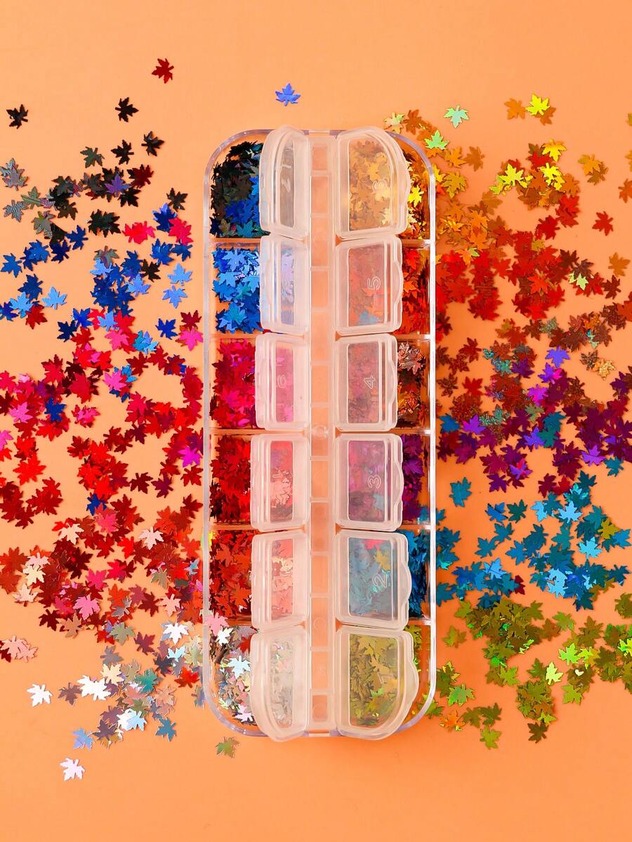 12pcs 3D Holographic Maple Leaf & Flower Nail Art Stickers, Self-Adhesive, Suitable For DIY Home Manicure And Professional Nail Salon Use Nails - Multicolor - View 1