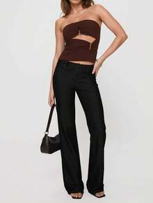 女士低腰休闲商务工作裤，腰部纽扣设计，松紧腰带，撞色条纹长款西装裤，适合秋冬季节，适合办公室、圣诞节和新年派对等场合，优雅百搭。 - 黑條紋 - 查看 3