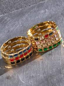 2 pièces Bracelets-joncs élégants et classiques avec zirconias carrés colorés, bracelets-joncs en acier inoxydable avec zirconias cubiques 5A sertis en forme de trèfle, idéaux pour les anniversaires, les fêtes, les cadeaux de la Fête nationale d'Arabie saoudite pour les femmes, les filles et les mères