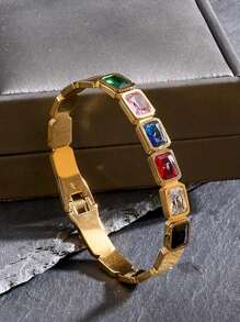 2 pièces Bracelets-joncs élégants et classiques avec zirconias carrés colorés, bracelets-joncs en acier inoxydable avec zirconias cubiques 5A sertis en forme de trèfle, idéaux pour les anniversaires, les fêtes, les cadeaux de la Fête nationale d'Arabie saoudite pour les femmes, les filles et les mères