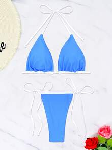 2025 New Design Sexy Swimwear For Women, Two-Piece Contrast Color Halter Top & Tie Side Bottom Bikini Set, European & American Style, For Summer Beach Vacation - Blue and White - View 4