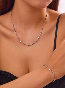 Stainless Steel Pig Nose Pendant Necklace & Bracelet Set, Fashionable And Stylish - Silver - View 5