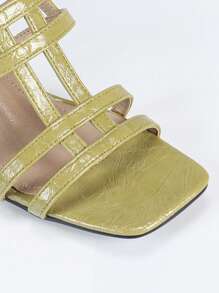 女士时尚新款橄榄绿黑白棕金紫裂纹图案红杏色系带方头罗马角斗士高跟凉鞋，小猫跟 - 薄荷綠 - 查看 8