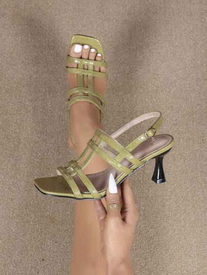 Women Fashion New Olive Green Black White Brown Gold Purple Cracked Pattern Red Apricot Color Strap Square Toe Roman Gladiator High Heel Sandals,Kitten Heels