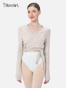 DonsGirl 1件女士法式长袖芭蕾舞上衣 - 交叉系带深V领修身纯色 | 适合健身、瑜伽、拉丁舞和日常穿着 - 杏色 - 查看 8