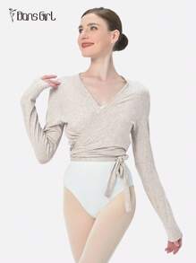 DonsGirl 1件女士法式长袖芭蕾舞上衣 - 交叉系带深V领修身纯色 | 适合健身、瑜伽、拉丁舞和日常穿着 - 杏色 - 查看 9