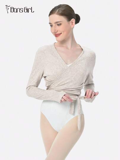 DonsGirl 1 Piece Women's French Style Long Sleeve Ballet Dance Top - Cross Wrap Tie Deep V-Neck Slim Fit Solid Color | Ideal For Gym Yoga Fitness, Latin Dance & Daily Wear