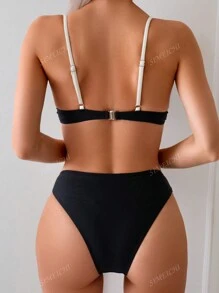 Zomerstrand 2 stuks/set dames zwart-wit patchwork dubbele ring decor strap top & gouden accent triangel bikiniset